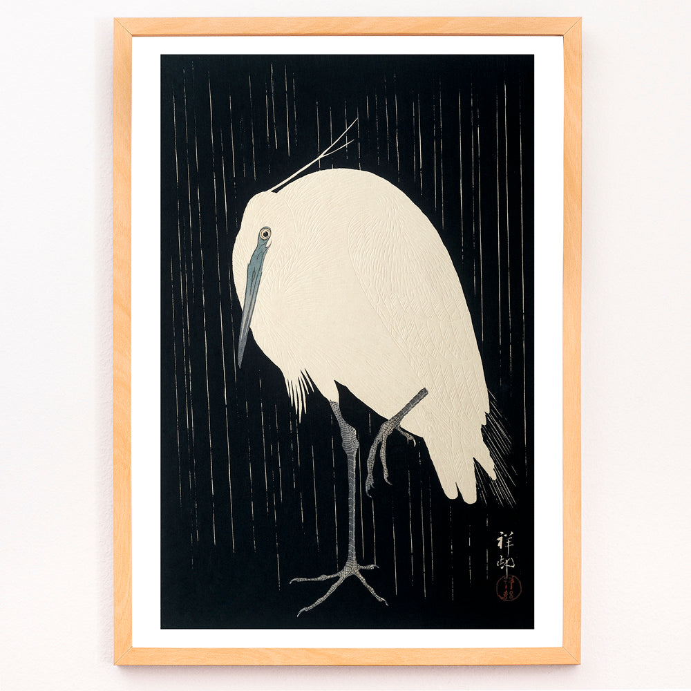 Closeup detail of White egret standing in the rain art print poster with dark background by Ohara Koson