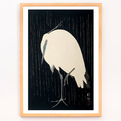 Closeup detail of White egret standing in the rain art print poster with dark background by Ohara Koson