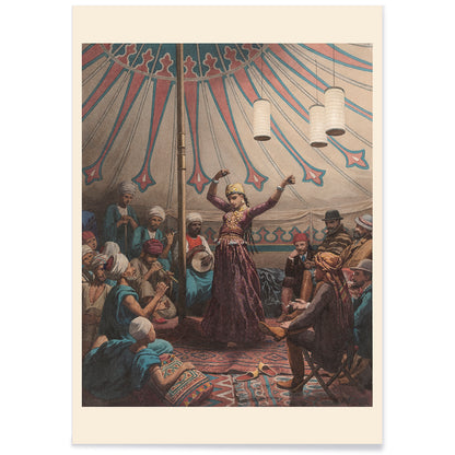 Egyptian dancer performing in a tent with musicians and spectators poster artwork by Willem de Famars Testas, with black aluminium frame on white background