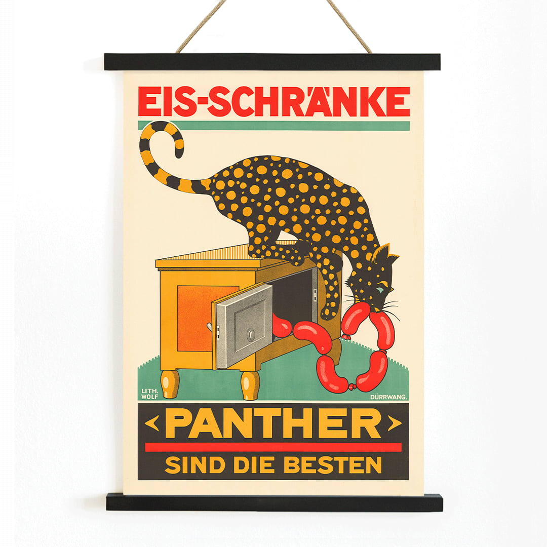 Panther Sind die Besten Swiss poster with panther eating sausages from icebox lithograph by Lith Wolf, with wooden magnetic frame on white background