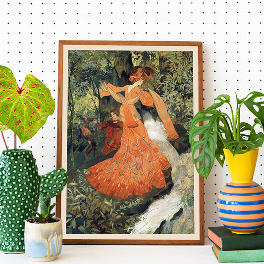 Elegant woman in ornate orange dress by a stream in lush forest featured in Elegante Pres D une Source by Georges de Feure art poster, framed and displayed in home decor