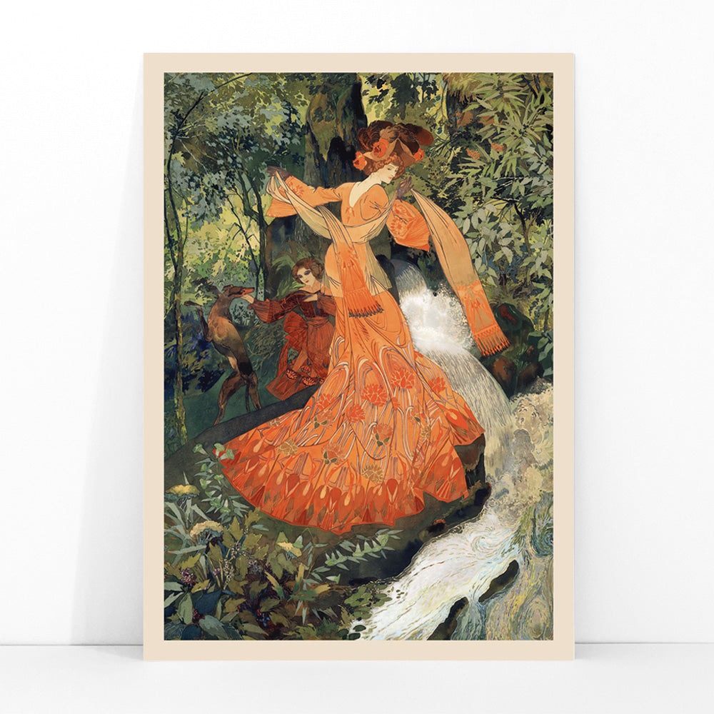 Elegant woman in ornate orange dress by a stream in lush forest featured in Elegante Pres D une Source by Georges de Feure art poster, framed and displayed in modern living room decor