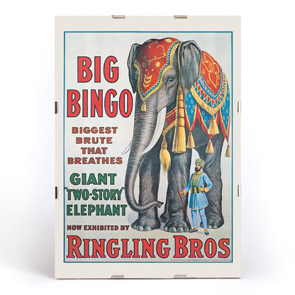 Colorful circus elephant and trainer poster artwork featuring Big Bingo a decorated giant elephant and circus keeper with vibrant circus themed graphics, framed and displayed in modern living room decor