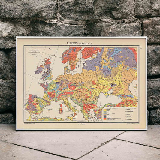 John George Bartholomew Europe geology map poster with colorful geological regions in vintage scientific style, framed and displayed in home decor