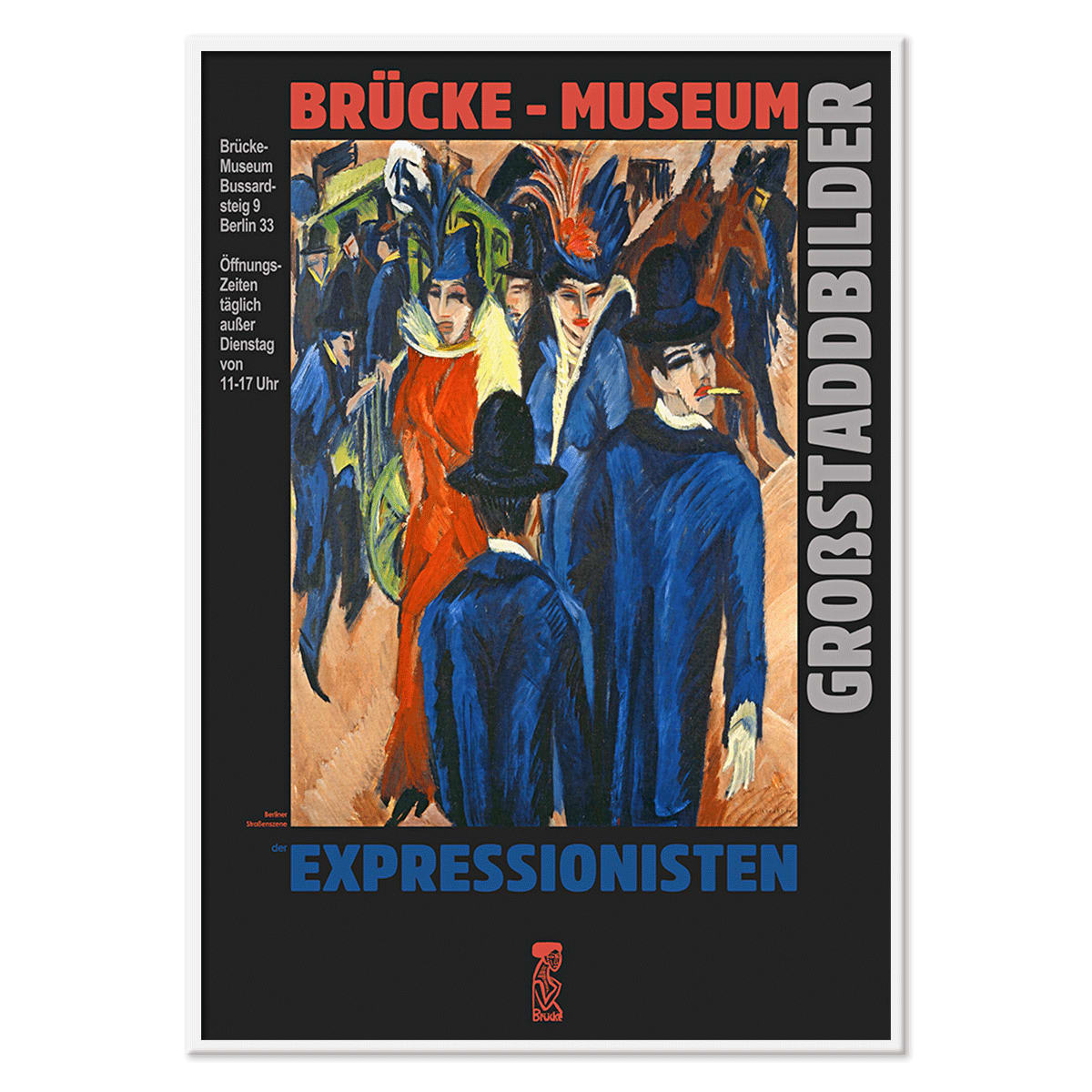 Colorful Berlin Street Scene at Brücke Museum by Ernst Kirchner featuring people in vibrant attire and expressionist artwork poster, with black aluminium frame on white background