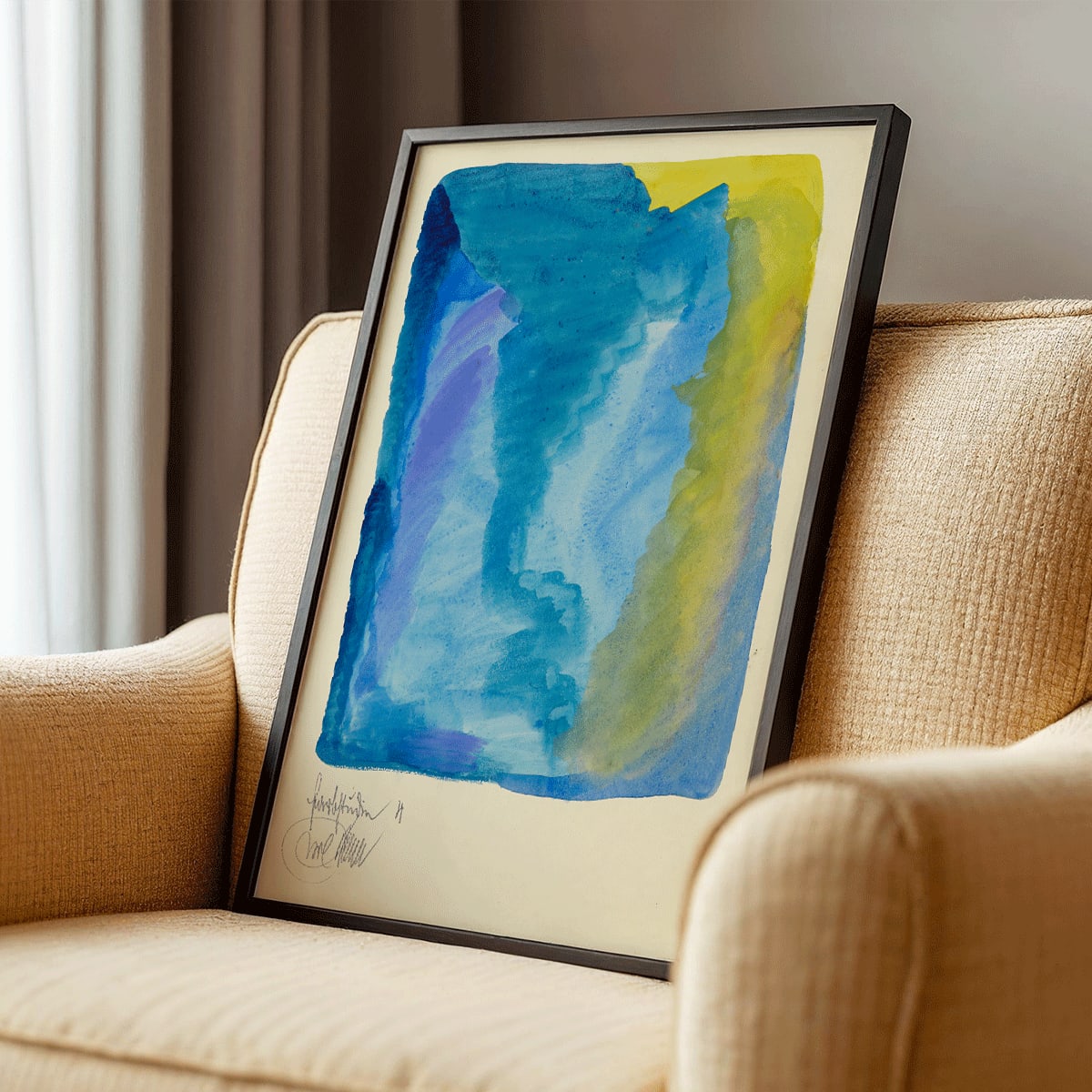 Abstract watercolor poster with vivid blue yellow green and purple tones titled Farbstudien 10 Blätter IV by Karl Wiener, framed and displayed in modern living room decor
