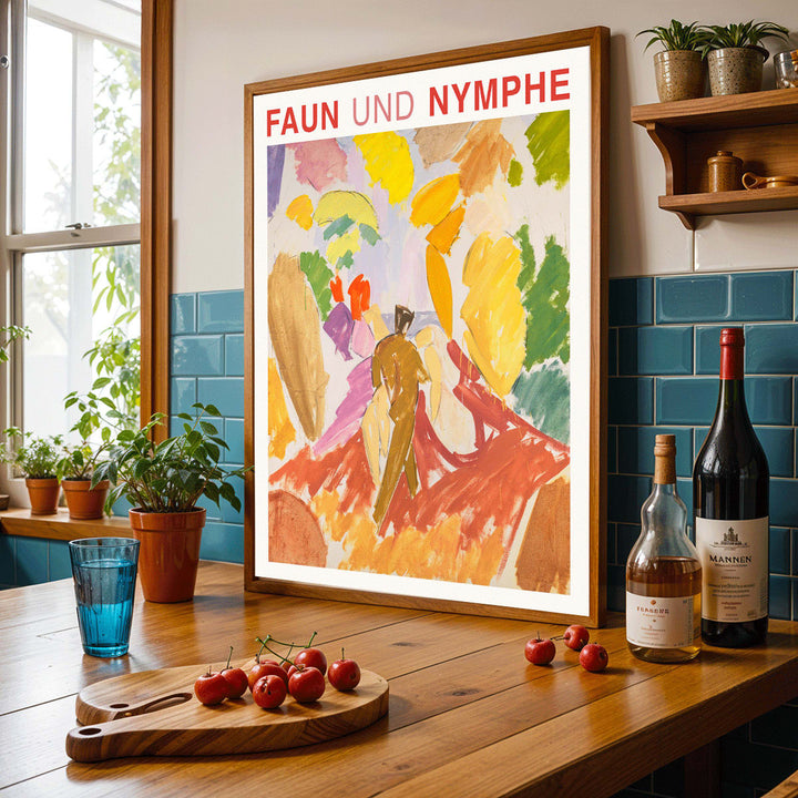 Faun and Nymphe by Edvard Weie vibrant abstract painting poster with colorful brushstrokes and bold figures, framed and displayed in home decor
