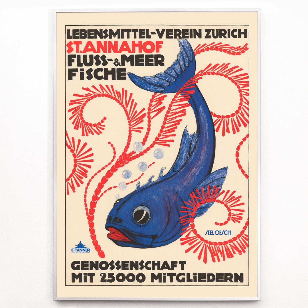 Closeup detail of Colorful fish poster with bubbles red seaweed and blue fish with red swirls bold text Food Association Zurich river and sea fish by Sebastian Oesch