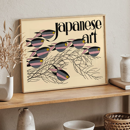 Japanese Art by Julius Klinger colorful fish and seaweed poster with text illustration, framed and displayed in home decor