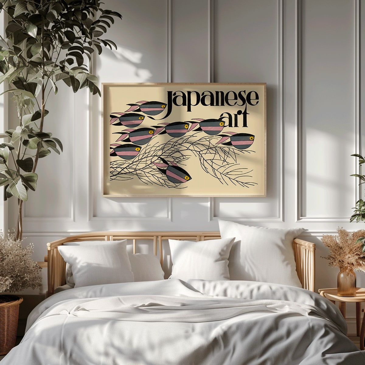 Japanese Art by Julius Klinger colorful fish and seaweed poster with text illustration, framed and displayed in modern living room decor