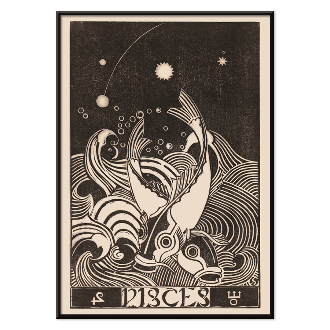 Black and white Pisces zodiac sign illustration with two stylized fish swimming among swirling waves artwork by Henri van der Stok, with black aluminium frame on white background