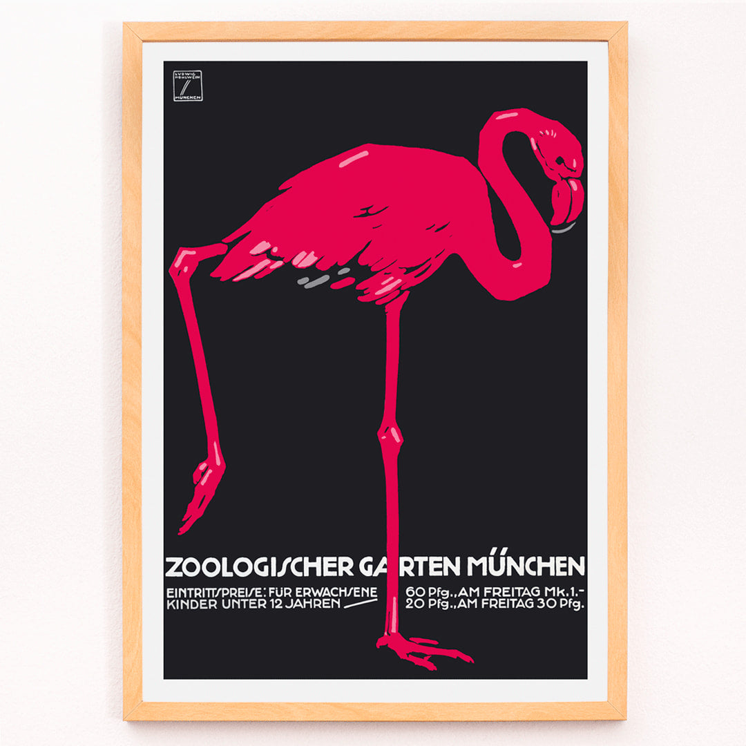 Ludwig Hohlwein poster of a pink flamingo on dark background for Zoologischer Garten München, framed and displayed in modern living room decor
