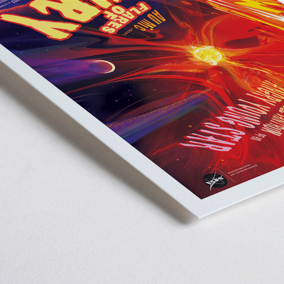 Closeup detail of Colorful space-themed poster titled Flares of Fury by NASA featuring vibrant solar flares planets stars and a bright red and orange fiery explosion with celestial elements in the background
