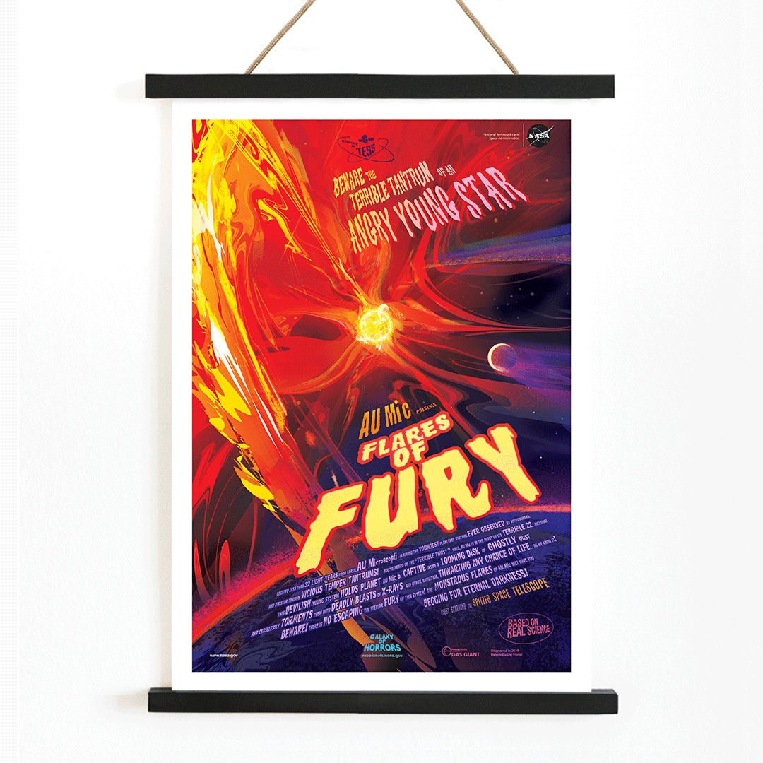 Colorful space-themed poster titled Flares of Fury by NASA featuring vibrant solar flares planets stars and a bright red and orange fiery explosion with celestial elements in the background, with wooden magnetic frame on white background