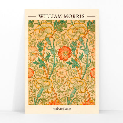 Floral pattern artwork Pink and Rose by William Morris with intricate botanical design decorative leaves and detailed flowers poster, framed and displayed in modern living room decor