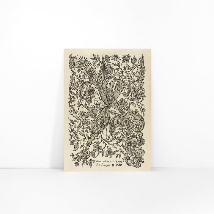 Intricate black and white floral textile pattern artwork poster by Alexander Senegat, framed and displayed in modern living room decor