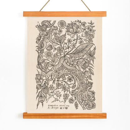 Floral textile pattern and botanical line art poster with intricate flowers by Alexander Senegat Design for textiles Flowers, with wooden magnetic frame on white background