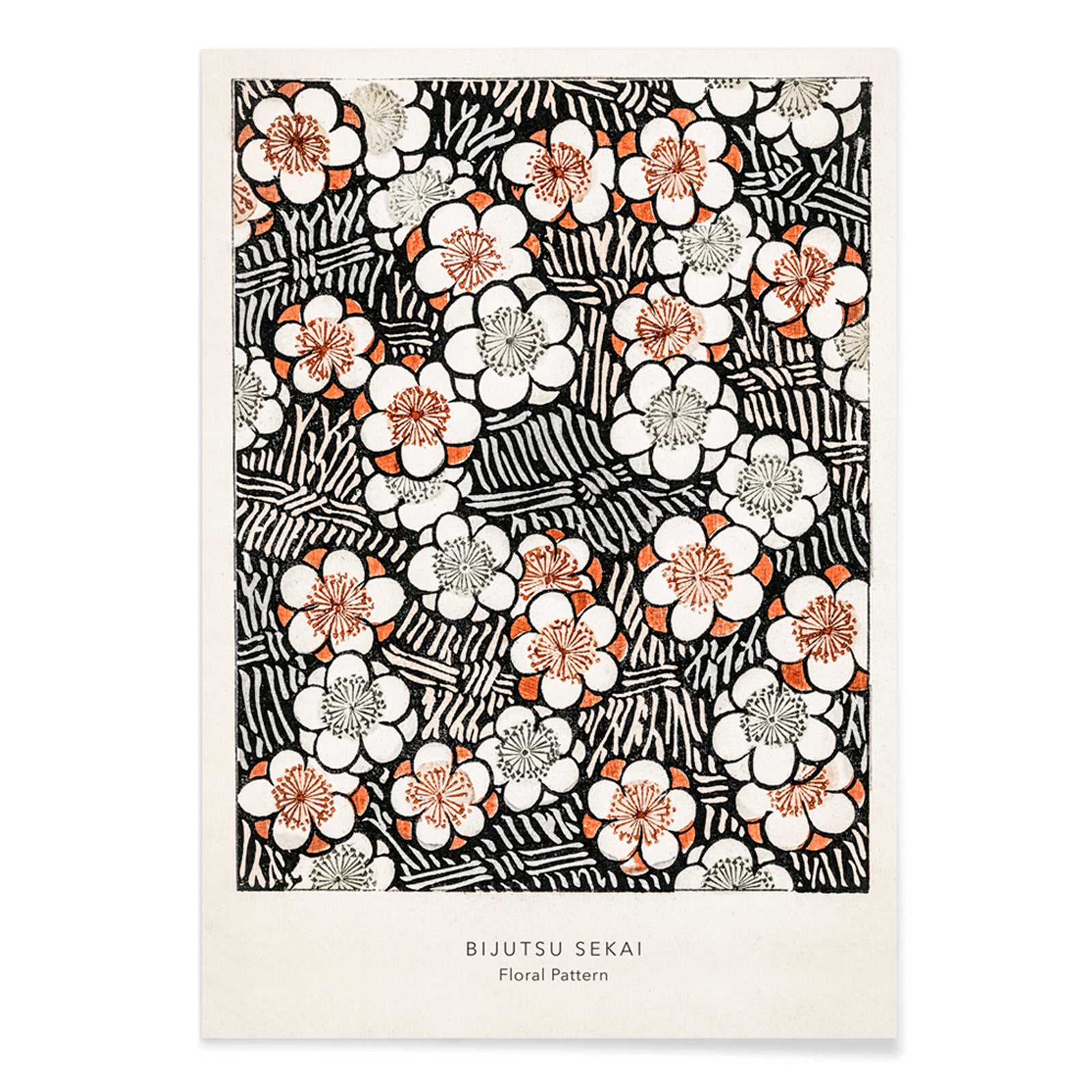 Floral pattern artwork by Watanabe Seitei from Bijutsu Sekai in traditional Kacho-ga style featuring intricate white and orange flowers and leaves poster, with black aluminium frame on white background