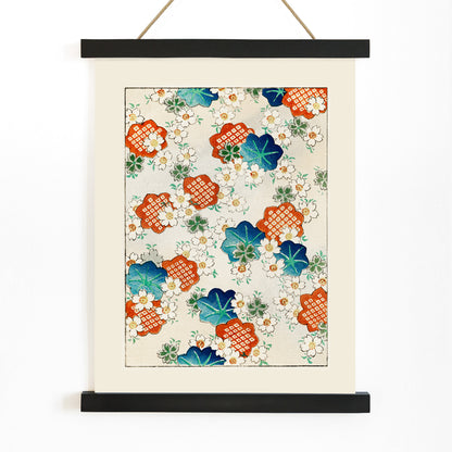 Colorful floral pattern artwork by Watanabe Seitei from Bijutsu Sekai featuring traditional Japanese design with colorful blossoms and leaves on a light background, with wooden magnetic frame on white background