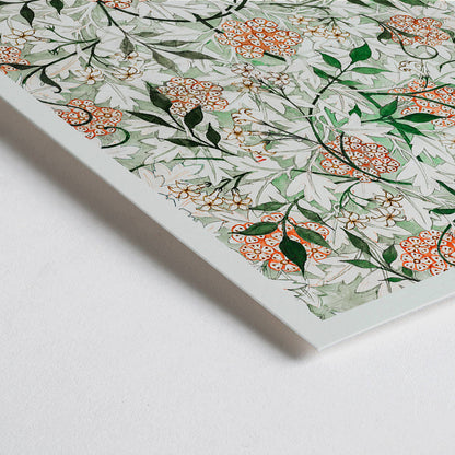Closeup detail of Floral botanical pattern of jasmine flowers and green orange leaves by William Morris artwork poster