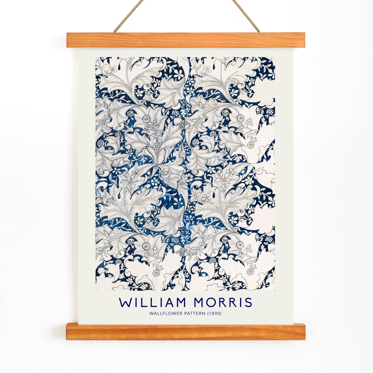 Wallflower Pattern by William Morris featuring intricate blue and white floral botanical design with decorative leaves artwork poster, with wooden magnetic frame on white background
