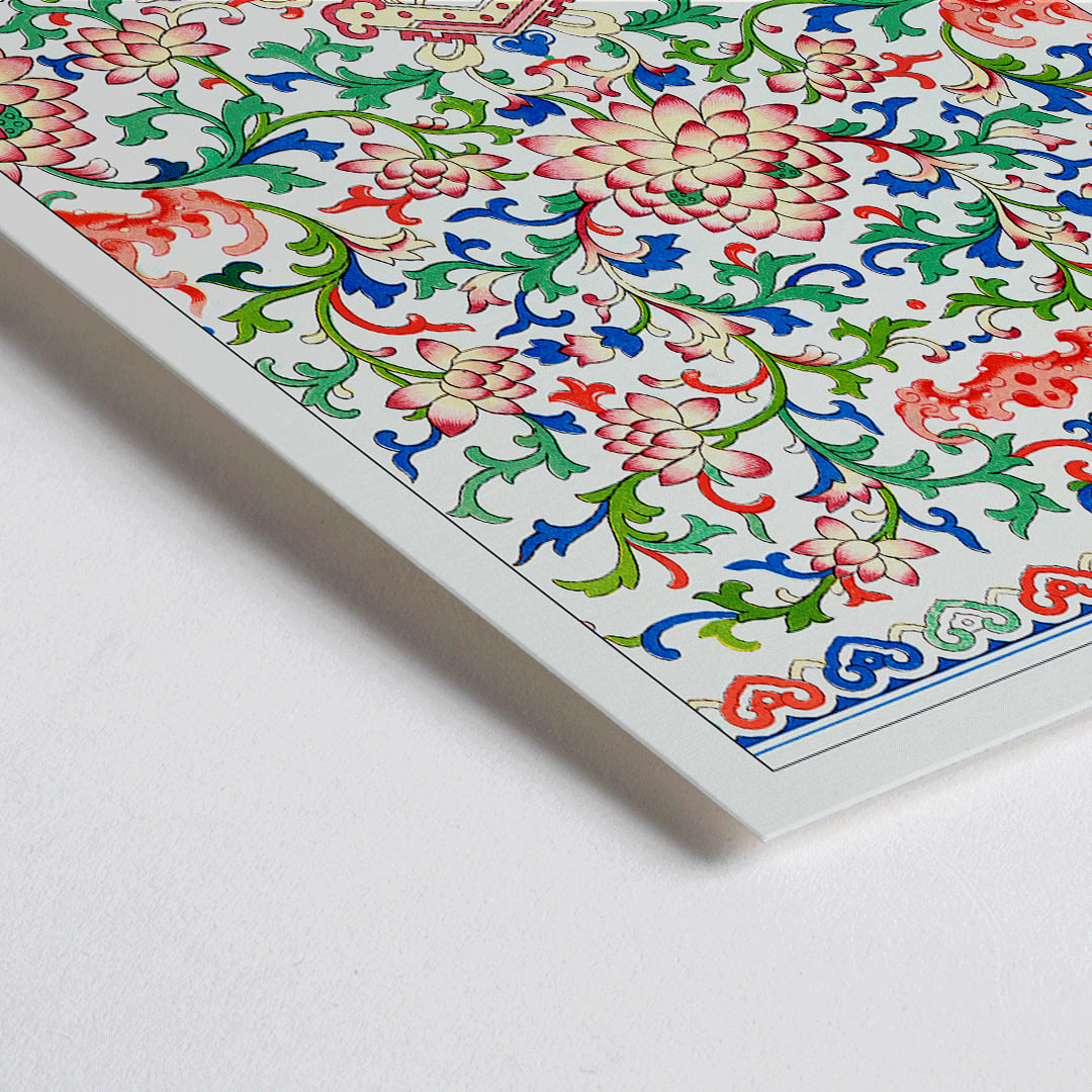Closeup detail of Chinese botanical illustration and botanical poster by Owen Jones from Examples of Chinese Ornament featuring intricate floral patterns and vibrant colors