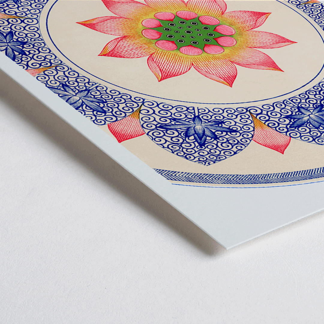 Closeup detail of Pink floral pattern with intricate blue and red designs from Examples of Chinese Ornament by Owen Jones poster