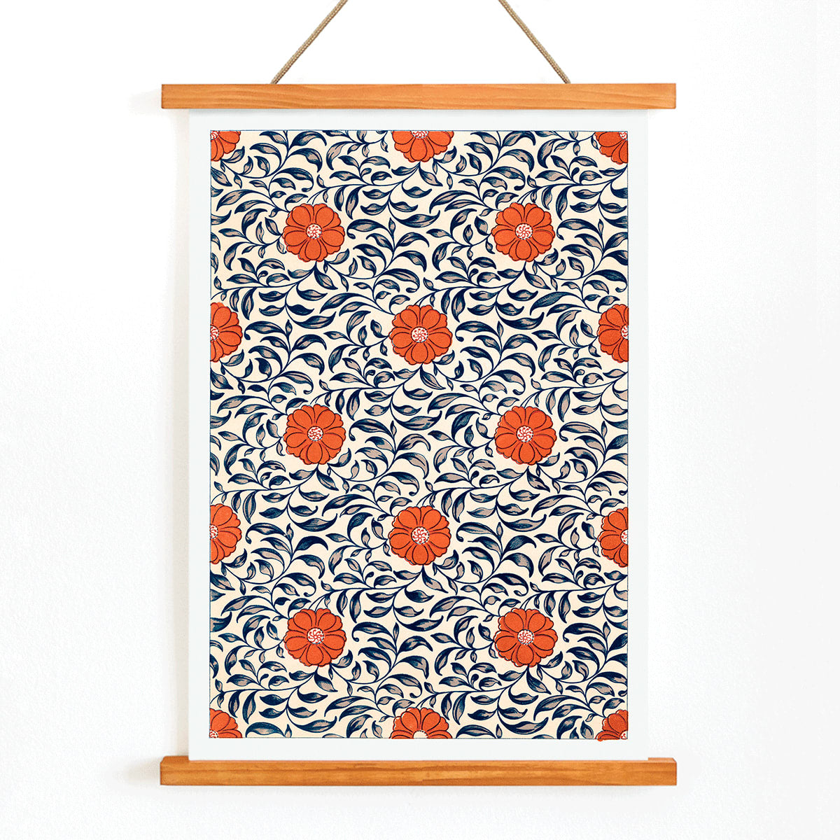 Floral pattern artwork by Owen Jones titled Flower pattern Examples of Chinese Ornament featuring red flowers and blue leaves, with wooden magnetic frame on white background