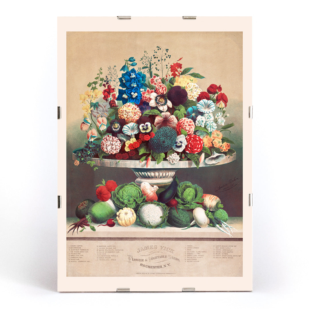 Colorful poster of flowers and vegetables in a vase by Anton Carl Rahn for wall decor, framed and displayed in modern living room decor