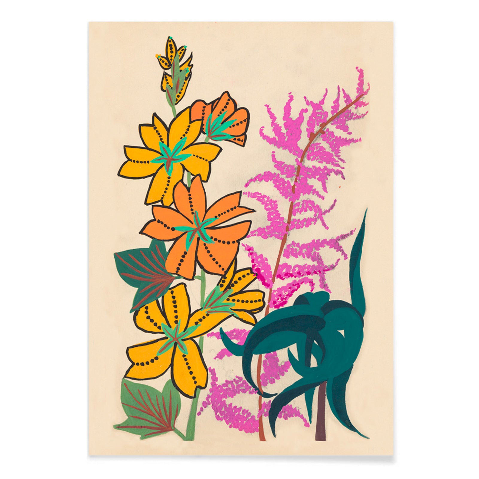Colorful floral illustration of branches and leaves by Atelier Martine featuring vibrant orange yellow and pink flowers poster artwork, with black aluminium frame on white background