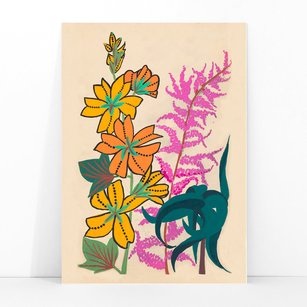 Colorful floral illustration of branches and leaves by Atelier Martine featuring vibrant orange yellow and pink flowers poster artwork, framed and displayed in modern living room decor