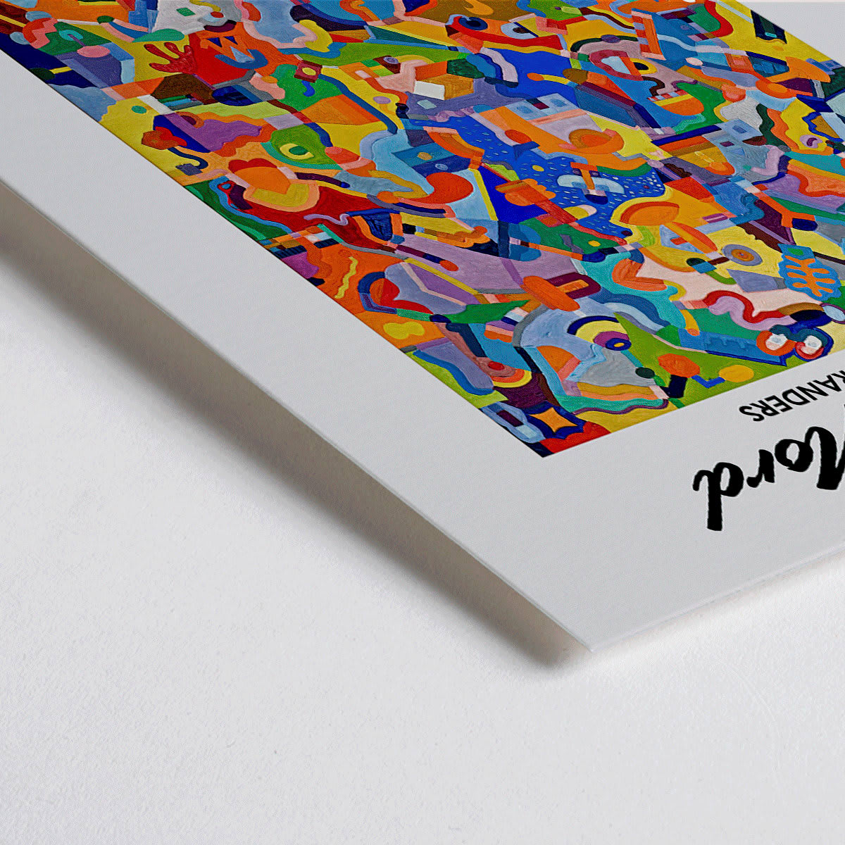 Closeup detail of Colorful abstract artwork exhibition poster by Tom Krojer titled En rejse i fremtiden gennem undervisningen at Galerie Nord featuring bold geometric shapes