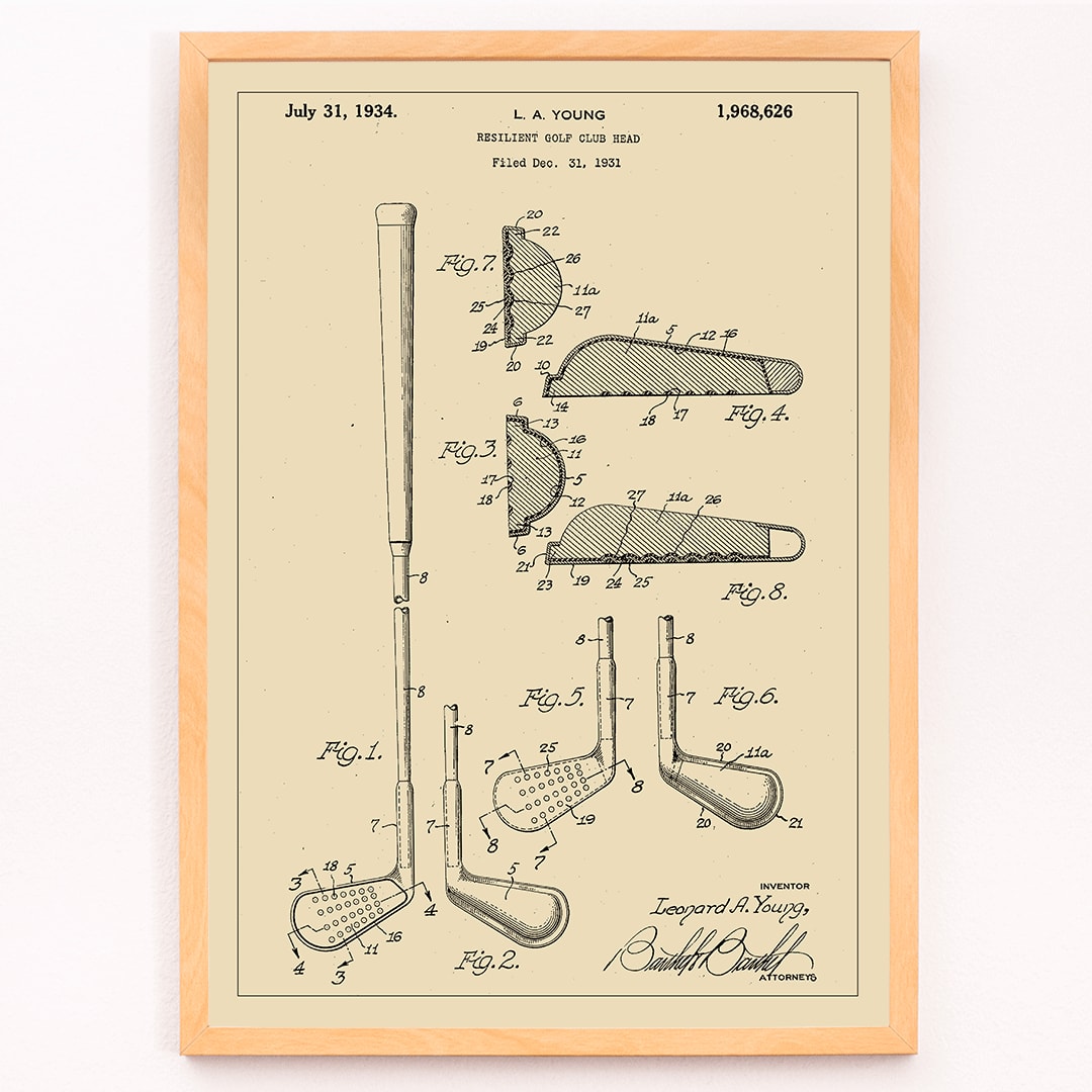 L A Young Resilient Golf Club Head Patent Illustration Design Drawings and Poster with Technical Specifications, framed and displayed in modern living room decor