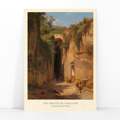 The Grotto of Posillipo by Antonie Sminck Pitloo scenic landscape with people animals stone archway cliffs and dramatic rocky tunnel entrance, framed and displayed in modern living room decor