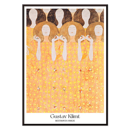 Beethoven Frieze by Gustav Klimt featuring women in flowing yellow gowns with intricate golden and orange patterns and faceless figures, with black aluminium frame on white background