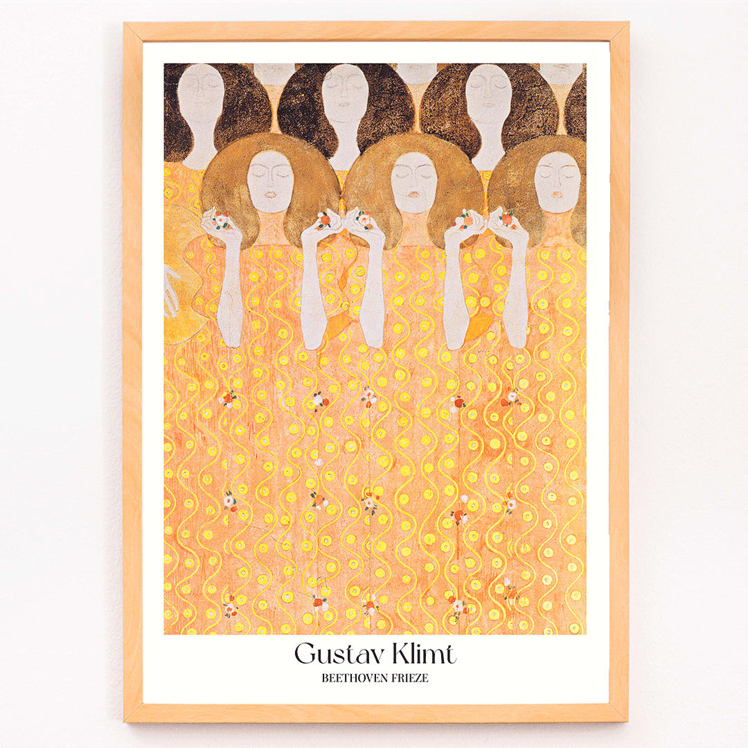 Beethoven Frieze by Gustav Klimt featuring women in flowing yellow gowns with intricate golden and orange patterns and faceless figures, framed and displayed in modern living room decor