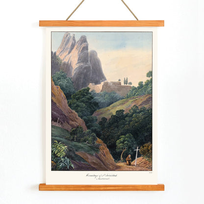 Painting of Hermitage of St Trinidad Montserrat by Charles Hamilton Smith with mountainous landscape lush trees and monk, with wooden magnetic frame on white background