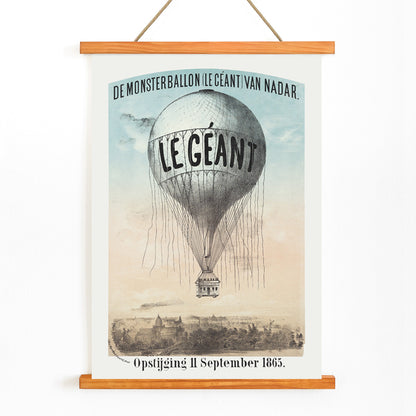Hot air balloon Le Géant by Nadar Morriën and Amand flying above a cityscape poster titled The Monster Balloon, with wooden magnetic frame on white background