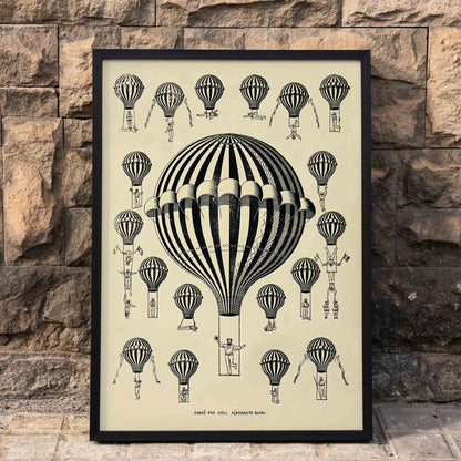 Henry La Vaulx Hot Air Balloon Study vintage scientific balloon chart with black and white striped balloons poster, framed and displayed in home decor