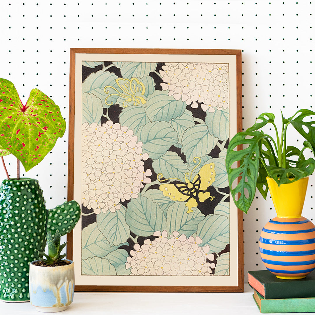 Yellow butterflies and white hydrangea flowers with green leaves in Japanese art style artwork Bijutsukai Pl 169 by Korin Furuya, framed and displayed in home decor