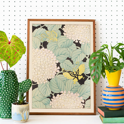 Yellow butterflies and white hydrangea flowers with green leaves in Japanese art style artwork Bijutsukai Pl 169 by Korin Furuya, framed and displayed in home decor