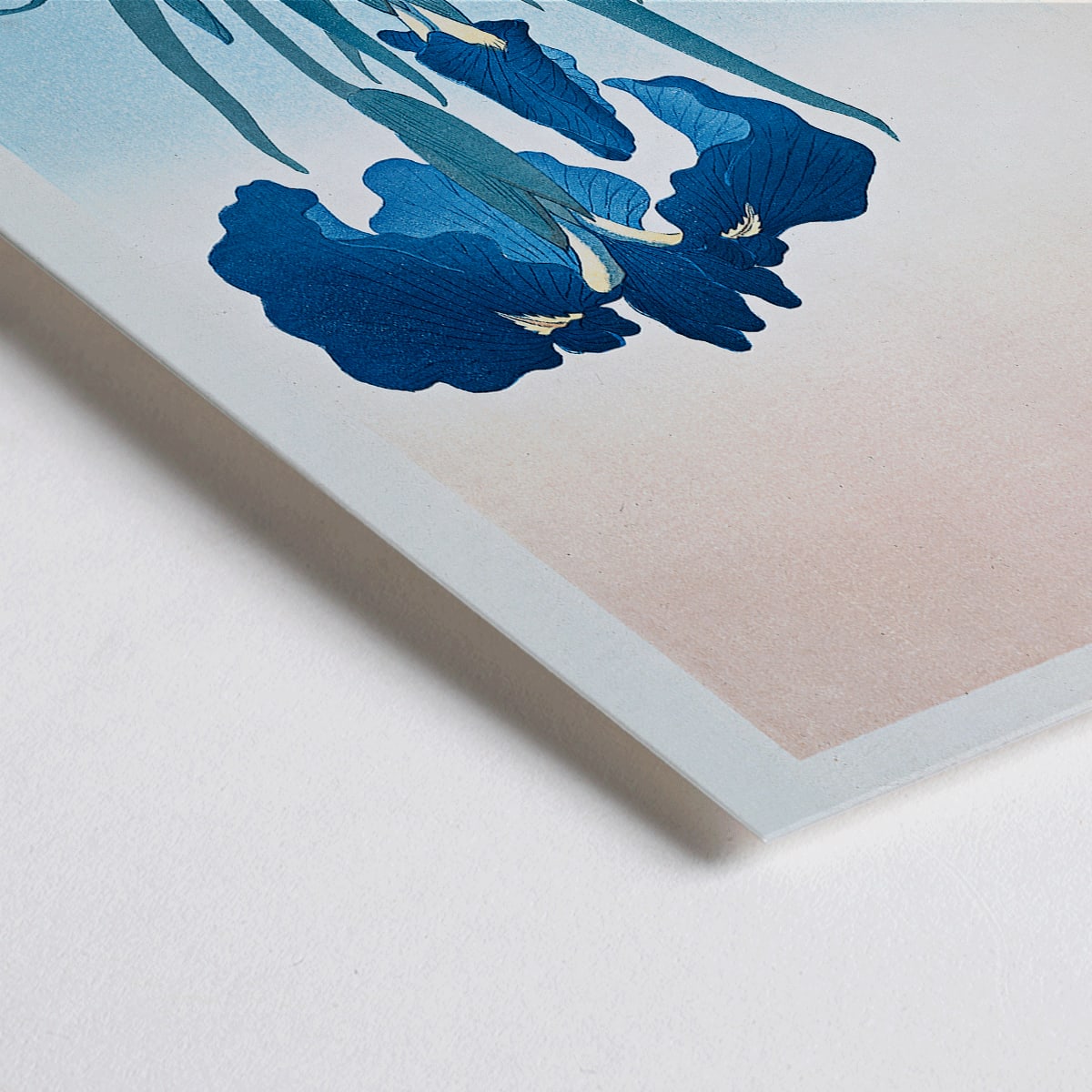 Closeup detail of Poster of vibrant blue irises with green leaves on a gradient background artwork Blue Irises by Ohara Koson