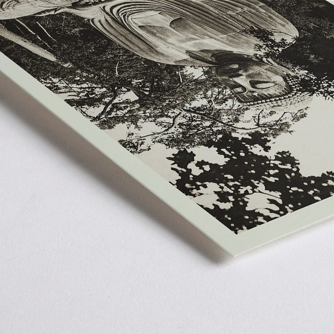 Closeup detail of Japan travel poster by Japanese Government Railways showing the Great Buddha in Kamakura with people near the large statue