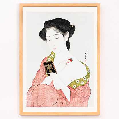 Closeup detail of High resolution Japanese art print of a woman in a kimono applying powder by Goyo Hashiguchi titled Woman Applying Powder