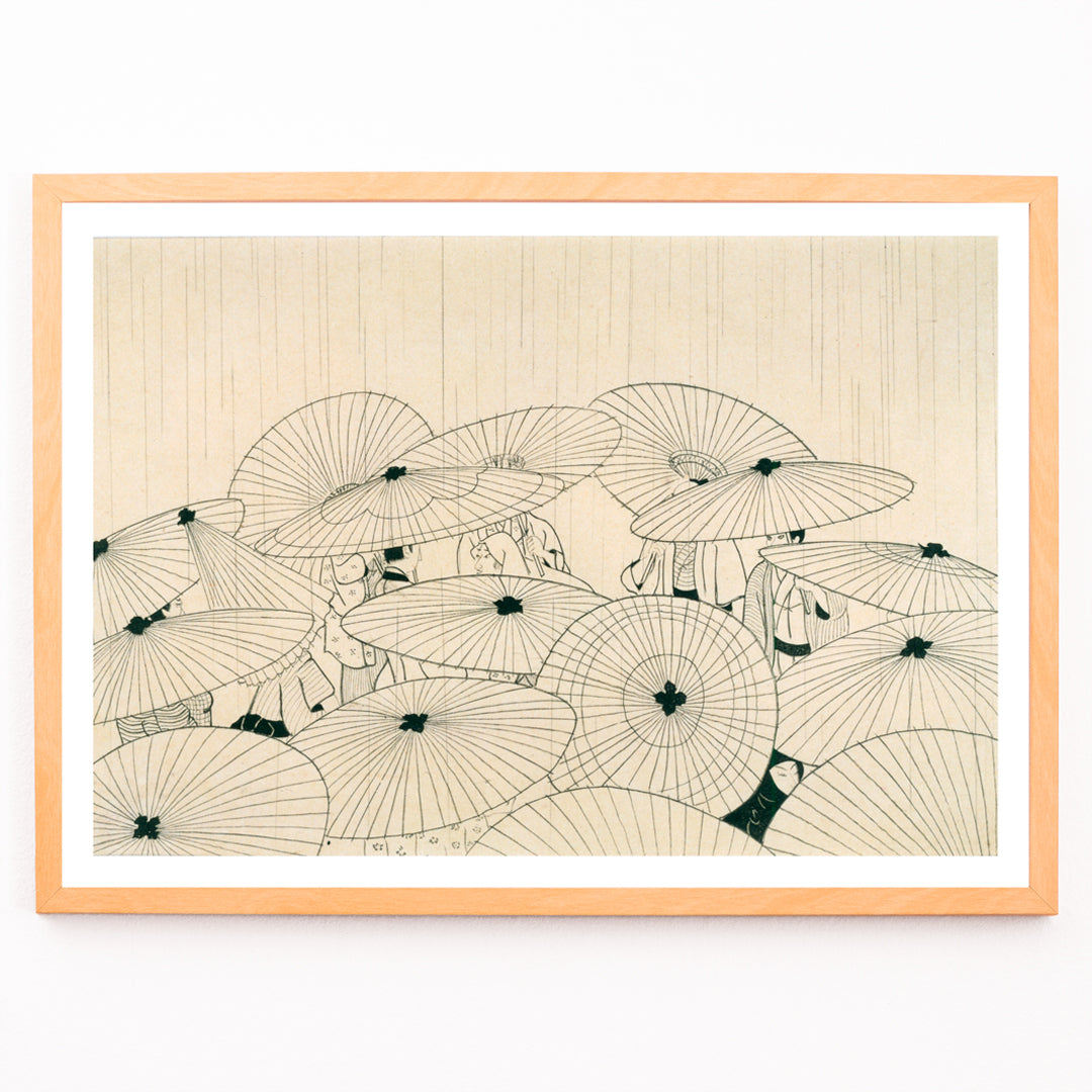 Closeup detail of Minimal Japanese art poster of people holding traditional umbrellas in the rain from Osen Umbrellas by Komura Settai
