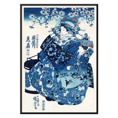 Japanese women in traditional kimono with floral patterns and blossom trees ukiyo-e style artwork by Utagawa Kuniyoshi, with black aluminium frame on white background