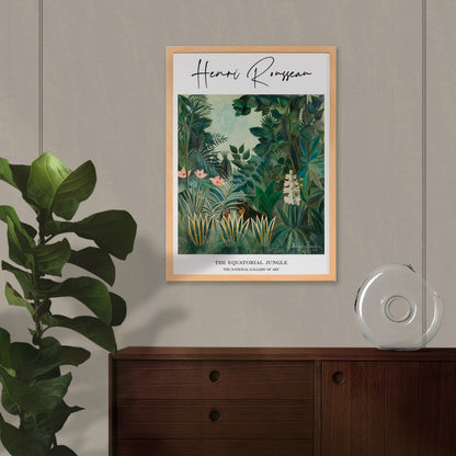 Lush green rainforest with exotic plants flowers and hidden animals inspired by The Equatorial Jungle painting by Henri Rousseau, framed and displayed in home decor