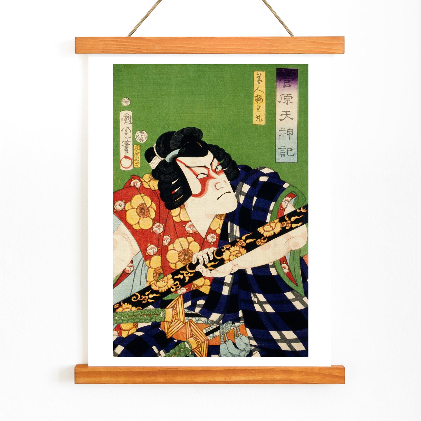 Ukiyo-e illustration and poster of kabuki actor in colorful costume by Toyohara Kunichika Japanese art, with wooden magnetic frame on white background
