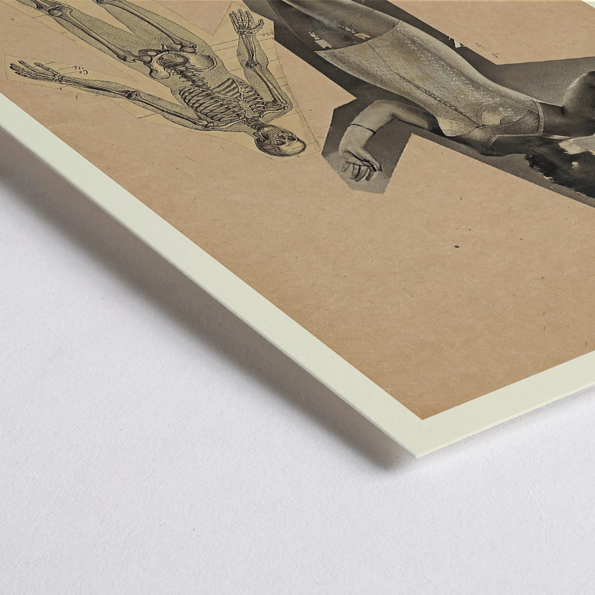 Closeup detail of Collage and poster of a woman and skeleton Girl and Death artwork by Karl Wiener featuring a woman in a corset and skeleton illustration on a beige background