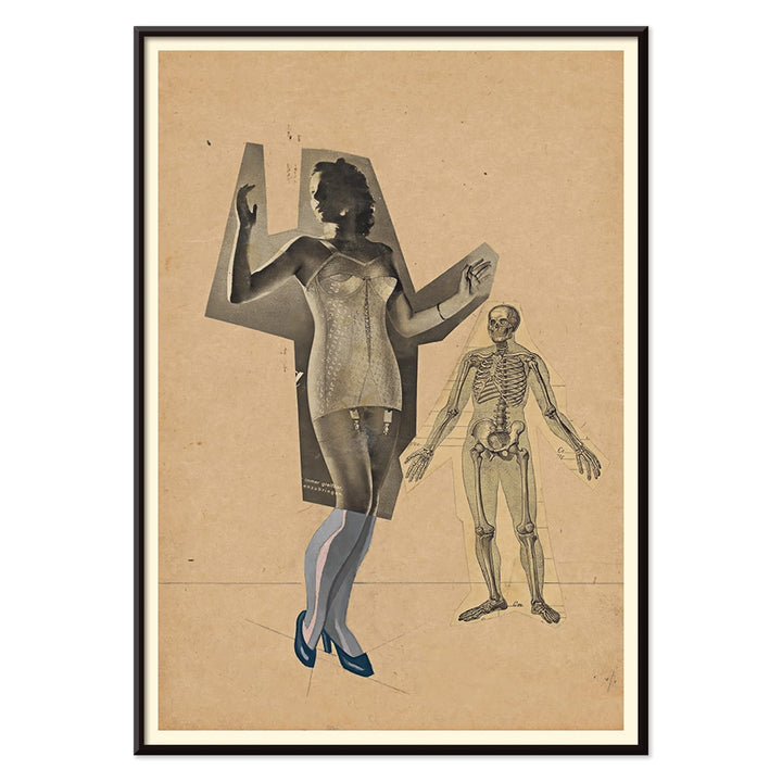 Collage and poster of a woman and skeleton Girl and Death artwork by Karl Wiener featuring a woman in a corset and skeleton illustration on a beige background, with black aluminium frame on white background